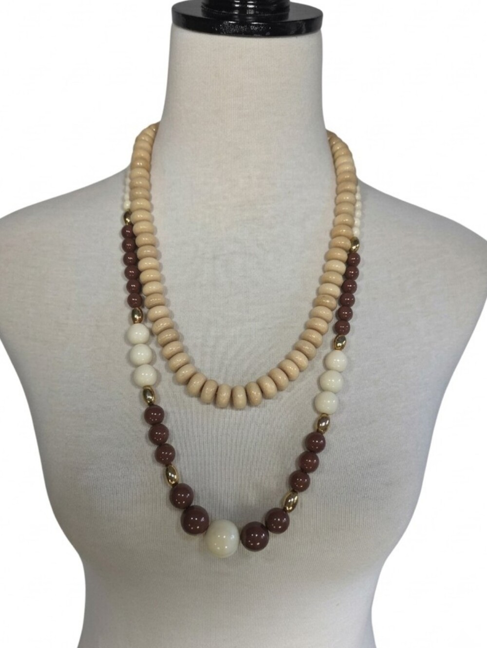 Vintage Neutral Beige and Brown Beaded Necklaces Set Of Two Necklaces